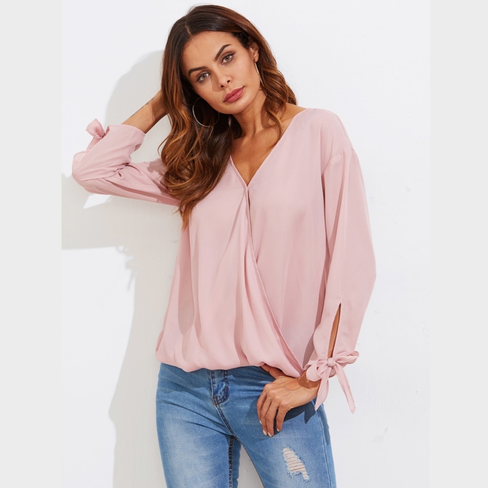 Pink Faux Wrap Blouse with Ties Detailed Sleeves - Picture 2 of 6